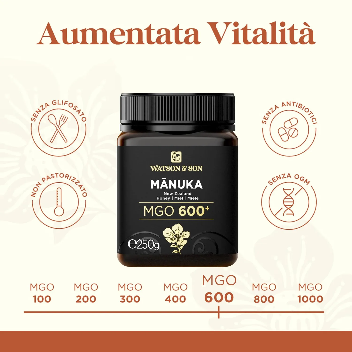 Watson & Son MGO 600+ miele Manuka 250 g grezzo