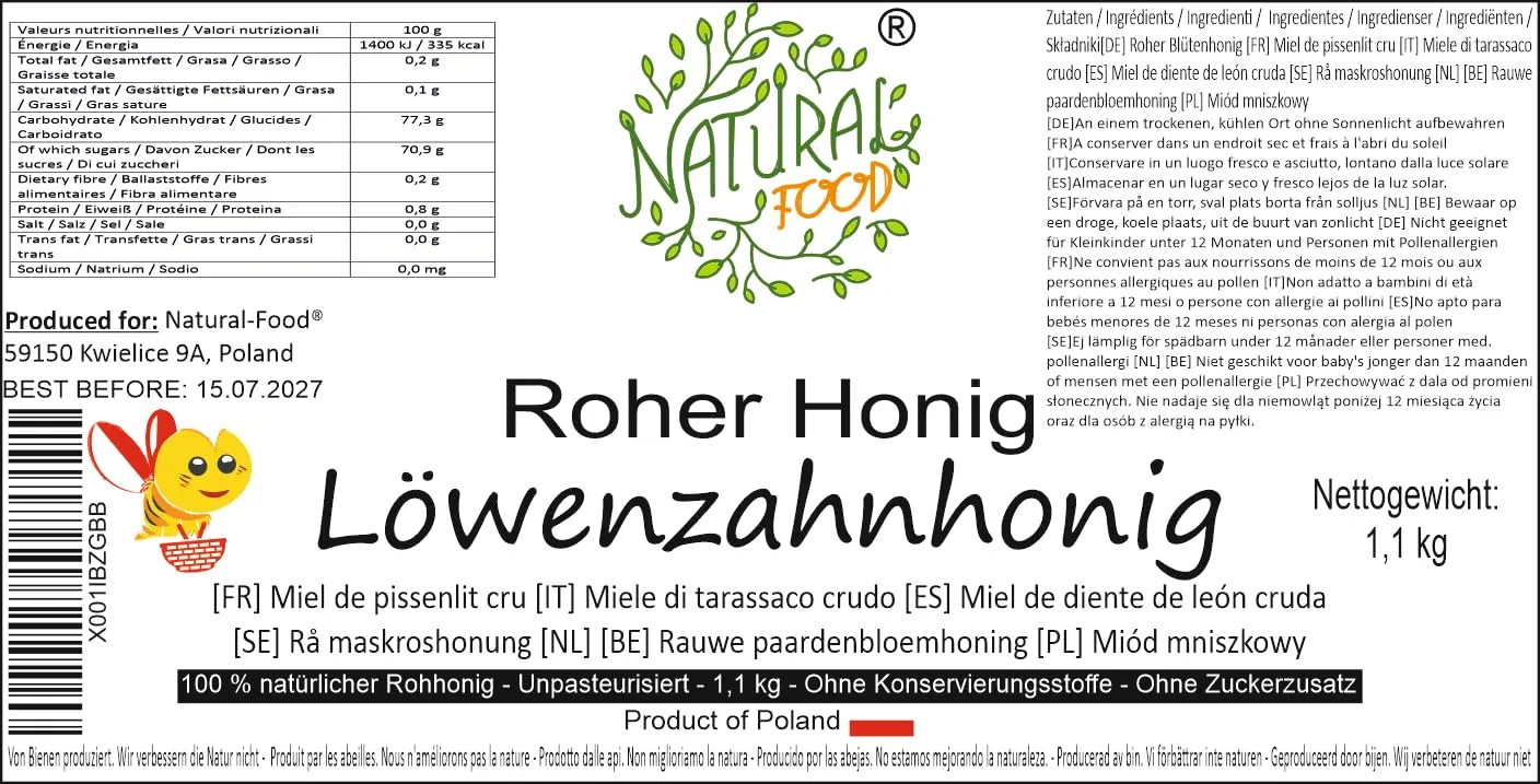 Natural Food Miele di Tarassaco Crudo 1,1 kg