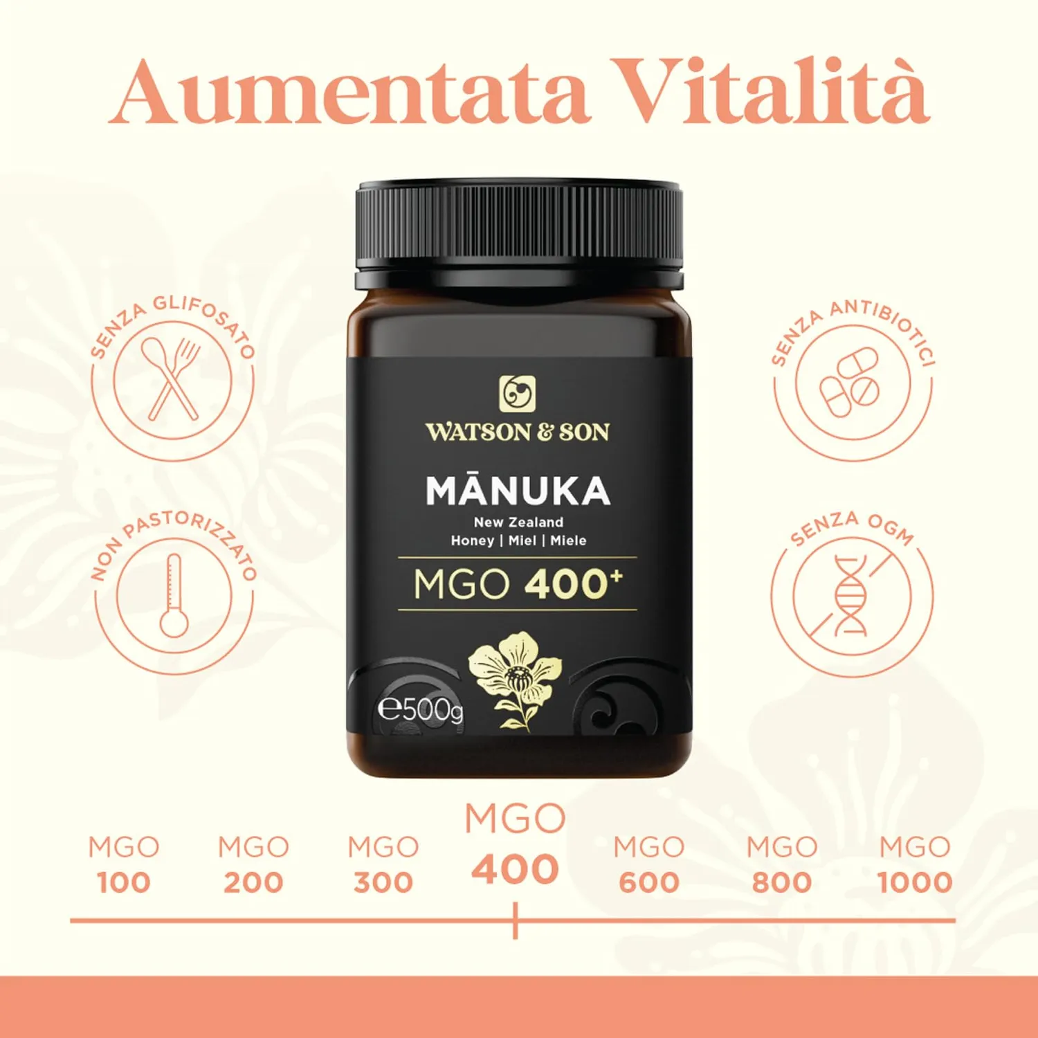 Watson & Son MGO 400 miele Manuka 500 g grezzo